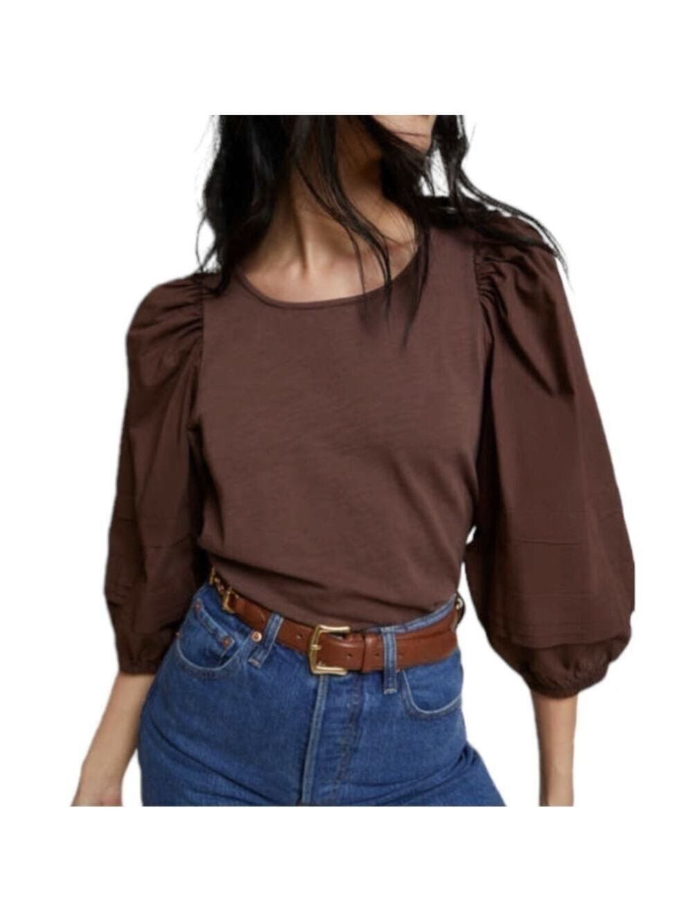 Nation Gracie Pintuck Combo Tee Puff Sleeves Brown cotton Sz S